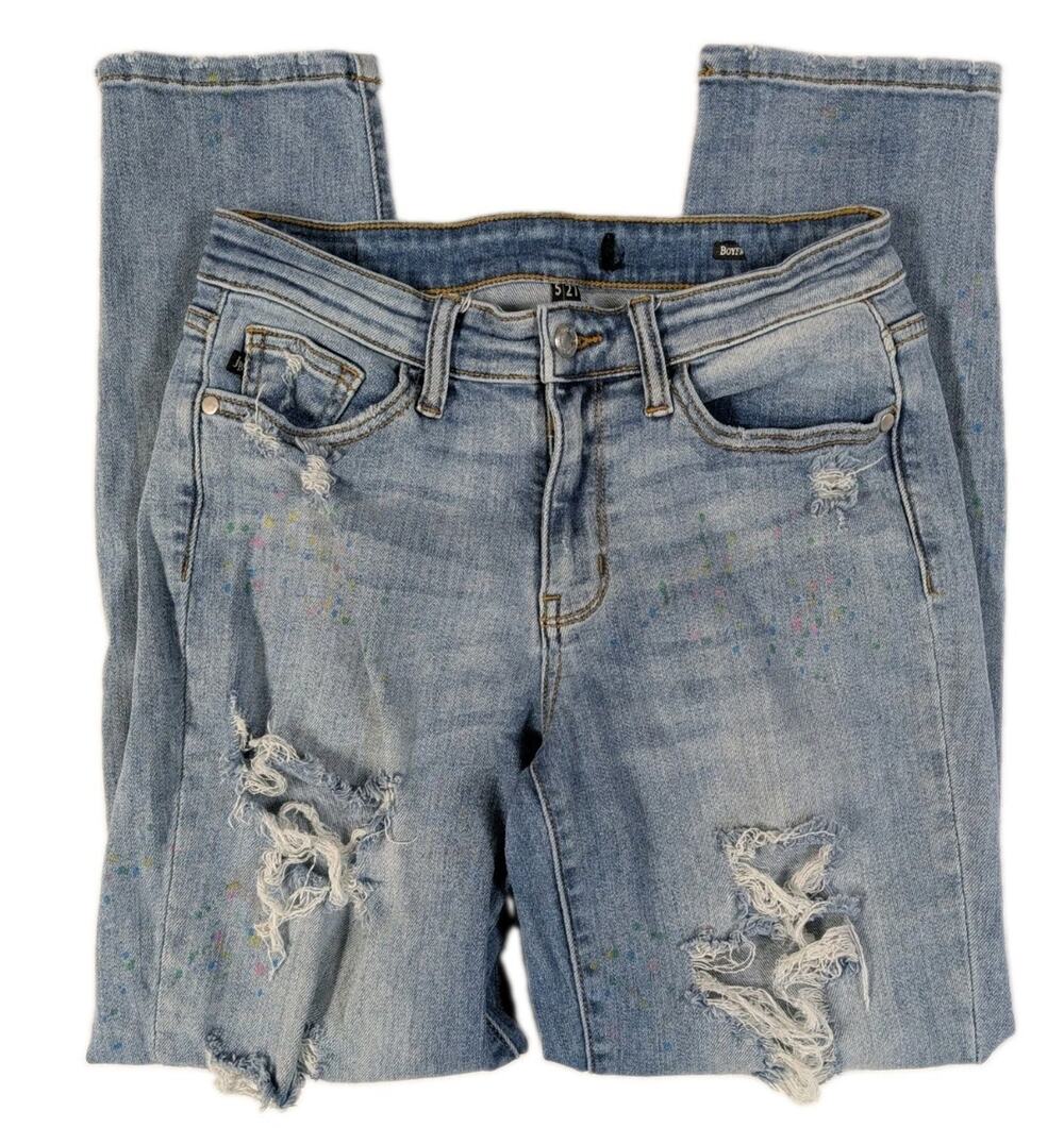 Judy Blue Boyfriend Jeans Womens 5 27 Light Wash Distressed Paint Splatter
